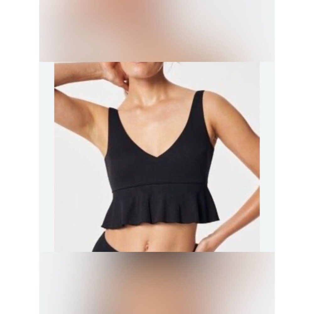 NWT Spanx Swim Pique Longline Flounce Bikini Top in Black Size L
